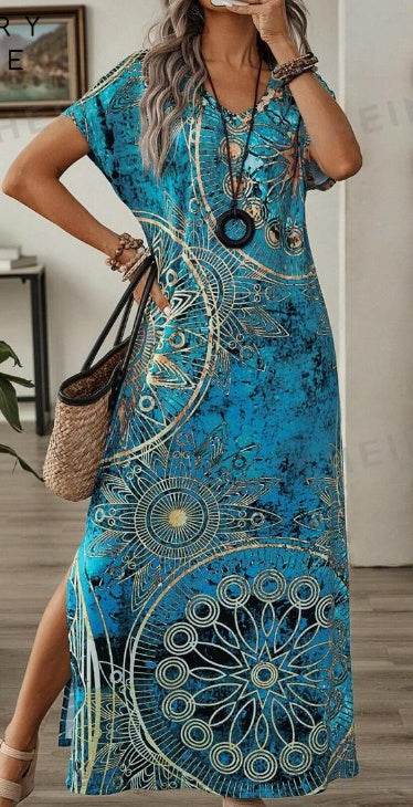 Women's Vintage Floral Print V-Neck Batwing Sleeve Casual Summer Dress Maxi Women Dresses Long Dress - EX-STOCK Canada