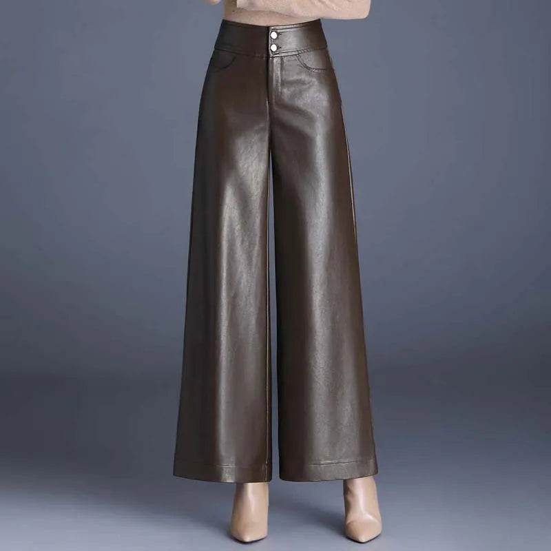High Waist Thick Loose Big Leg Straight All-matching Wide Leg Leather trouser Pants For Women - EX-STOCK Canada