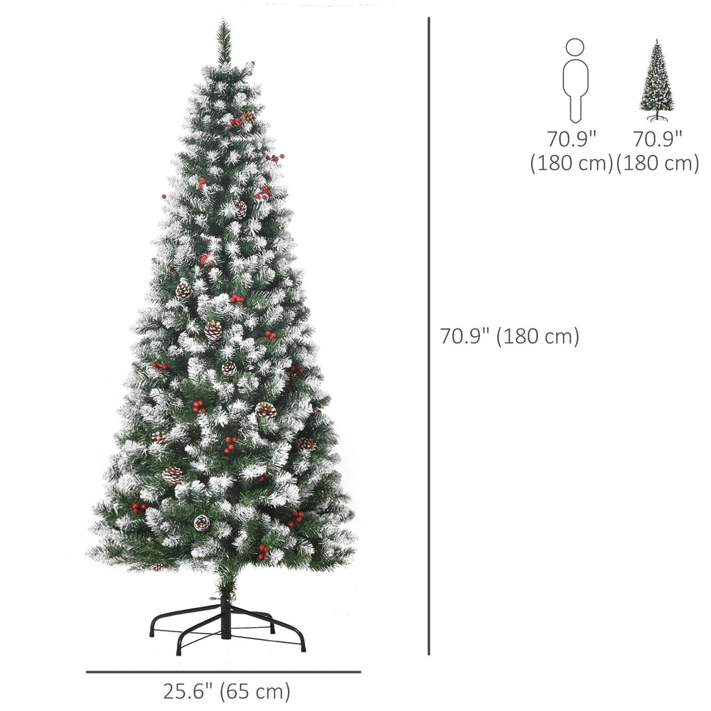 6ft Decorated Christmas Tree With Red Berries And Pine Cones, Flocked Christmas Tree With Pencil Shape, Green EX-STOCK Canada