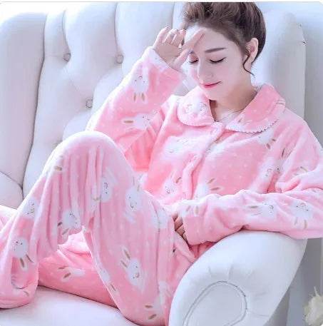 Women Coral Velvet Fleece Pajamas Fall Winter Loungewear Flannel Sleepwear - EX-STOCK Canada