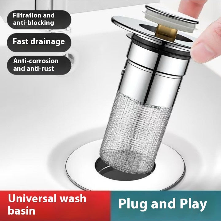 A close-up of a stainless steel sink drain filter being installed into a white sink drain, with a hand visible at the top right. Black text callouts on the left describe features like filtration, anti-blocking, fast drainage, and anti-corrosion.