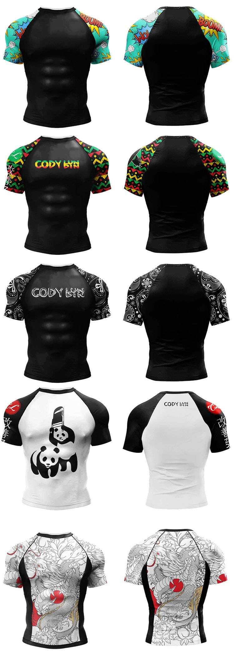 A 3x4 grid showing ten different short-sleeve rash guard shirts, displaying both front and back views. The designs include black and multicolor (green, red, yellow) shoulder prints, 'CODY KITS' text on two shirts, a panda graphic on one shirt, and dragon illustrations on two gray and black shirts.