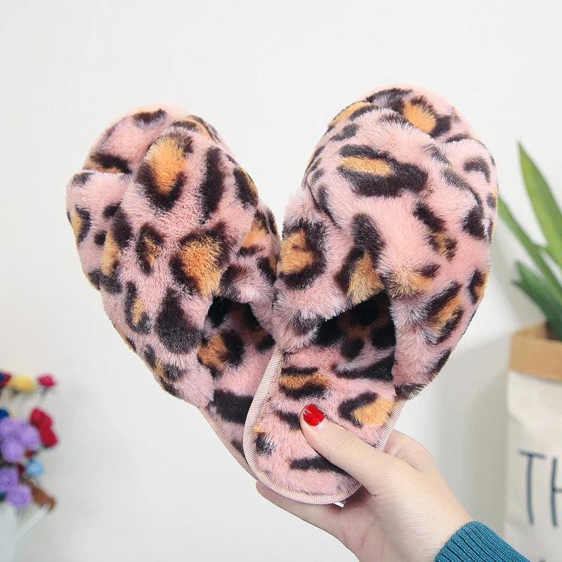 Cross-strap Fuzzy Slippers Leopard Plush House Shoes Flat Bedroom Slippers Slippers For Women EX-STOCK Canada
