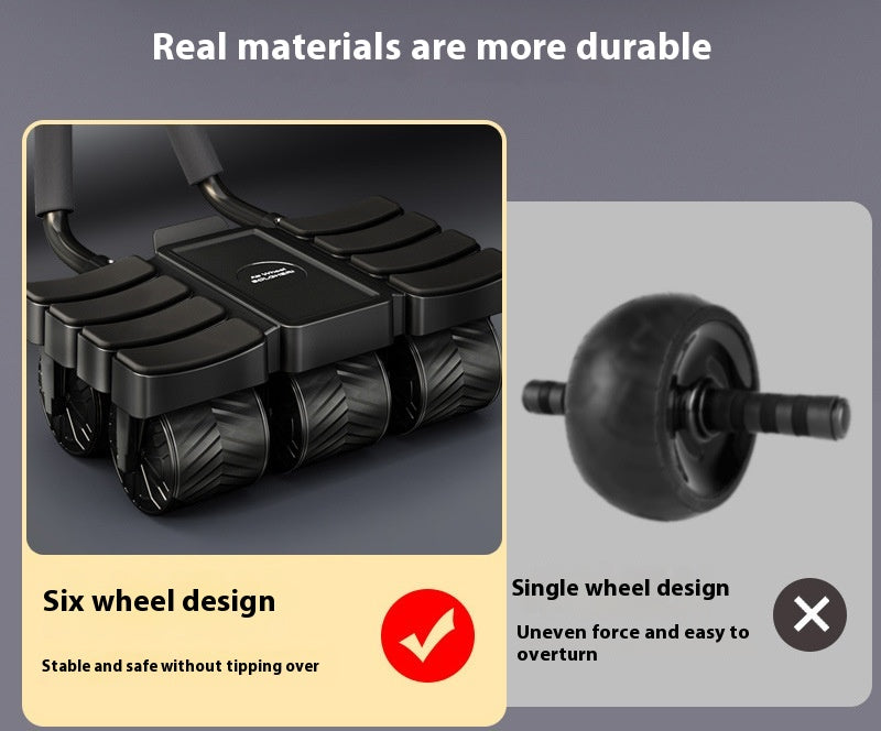 Promotional graphic for a black six-wheel ab roller, comparing its six-wheel stable design to a single-wheel design. The left panel shows the black ab roller with treaded wheels under the text 'Six wheel design' and a red checkmark.
