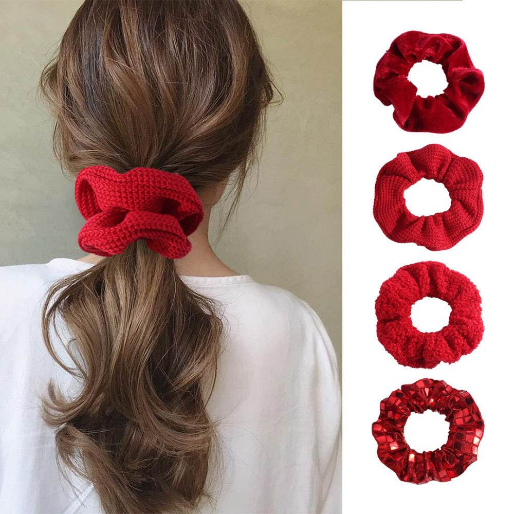 Women Knitted Red Velvet Hair Scrunchies Hair Accesories - EX-STOCK Canada