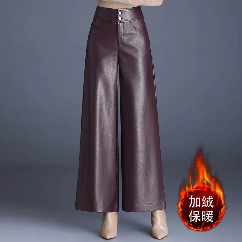 High Waist Thick Loose Big Leg Straight All-matching Wide Leg Leather trouser Pants For Women - EX-STOCK Canada