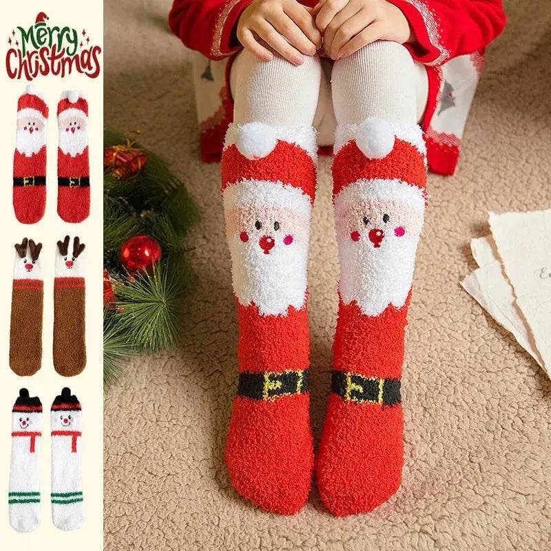 Child Christmas Socks Winter No-shedding Cute Elk Elk Santa Claus Snowman Sleeping Floor Coral Fleece Socks - EX-STOCK Canada