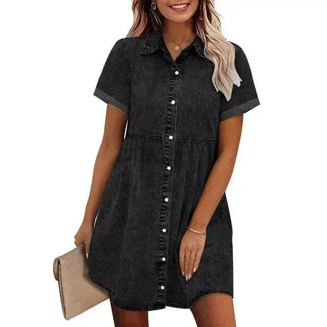 European And American Washed Denim Lapel Ruffled Denim Dress Jeans Flared dress Casual Denim mini dress - EX-STOCK Canada