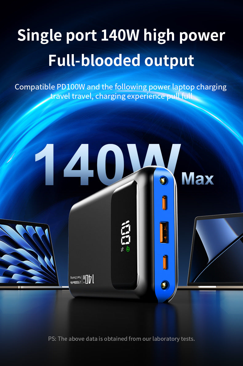 A 140W portable power bank with a black body and bright blue side accents, shown in a promotional graphic with text highlighting high power output and compatibility with laptop charging.