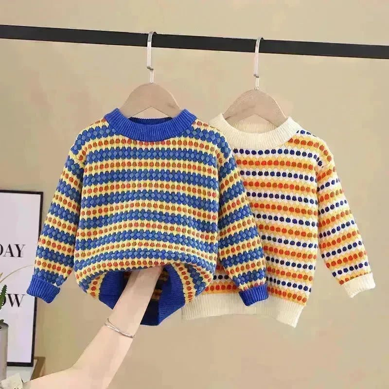Children Rainbow Stripes Baby Round Neck Pullover Sweater Kids - EX-STOCK CANADA