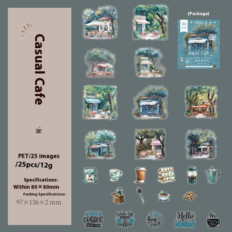 A product listing graphic showing a package of PET sticker designs featuring watercolor illustrations of cozy cafe scenes, mugs, and coffee-themed stickers, with text detailing specifications and pack size on a dark gray background.