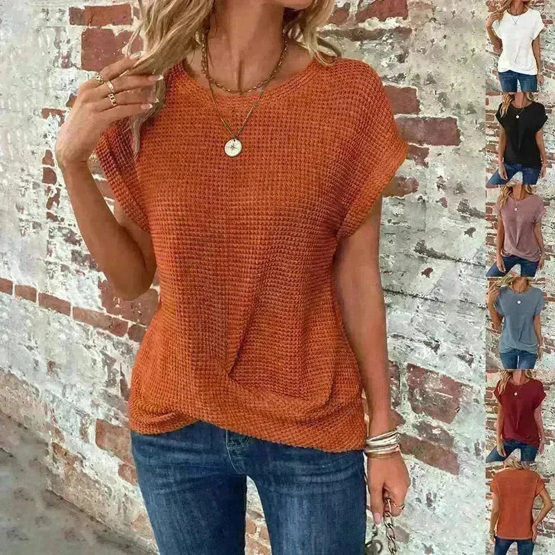 Casual Summer Short-sleeved Waffle blouse Top Summer New Solid Color Casual Evening Top For Women - EX-STOCK CANADA