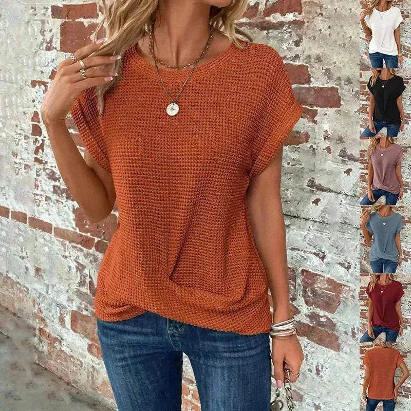 Casual Summer Short-sleeved Waffle blouse Top Summer New Solid Color Casual Evening Top For Women - EX-STOCK Canada