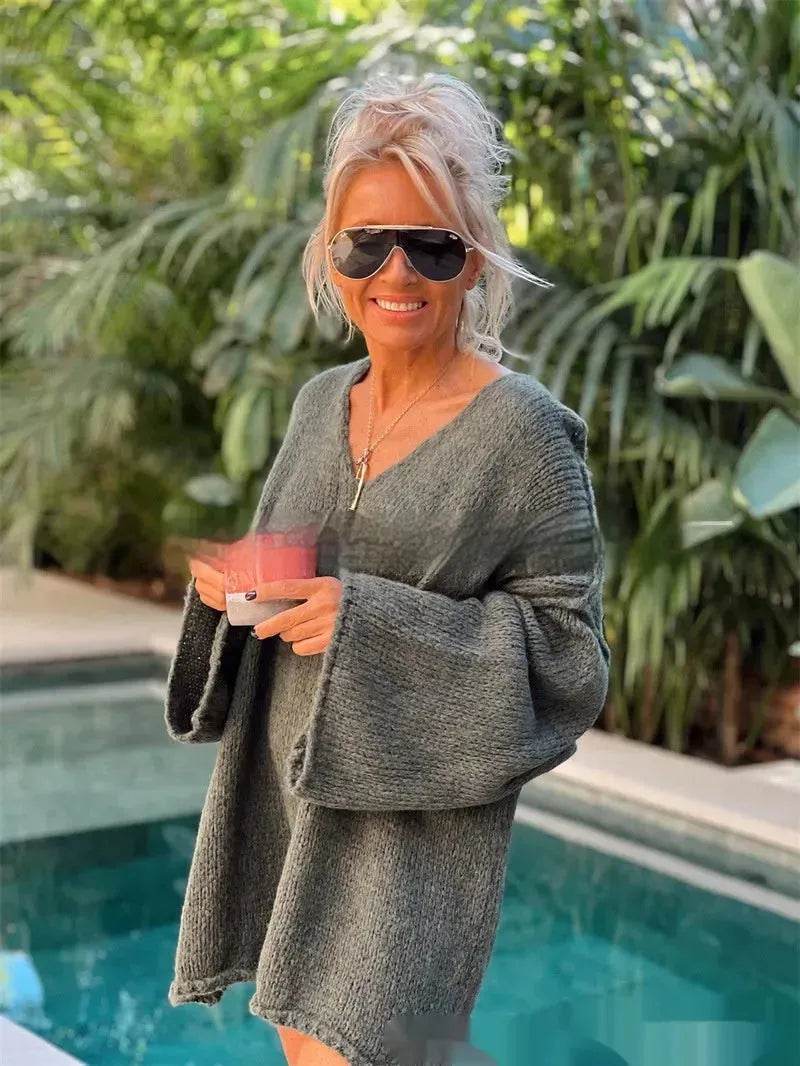 Women's Fashion V-neck Long-sleeve Knitwear 2-color Sweater dress - EX-STOCK Canada