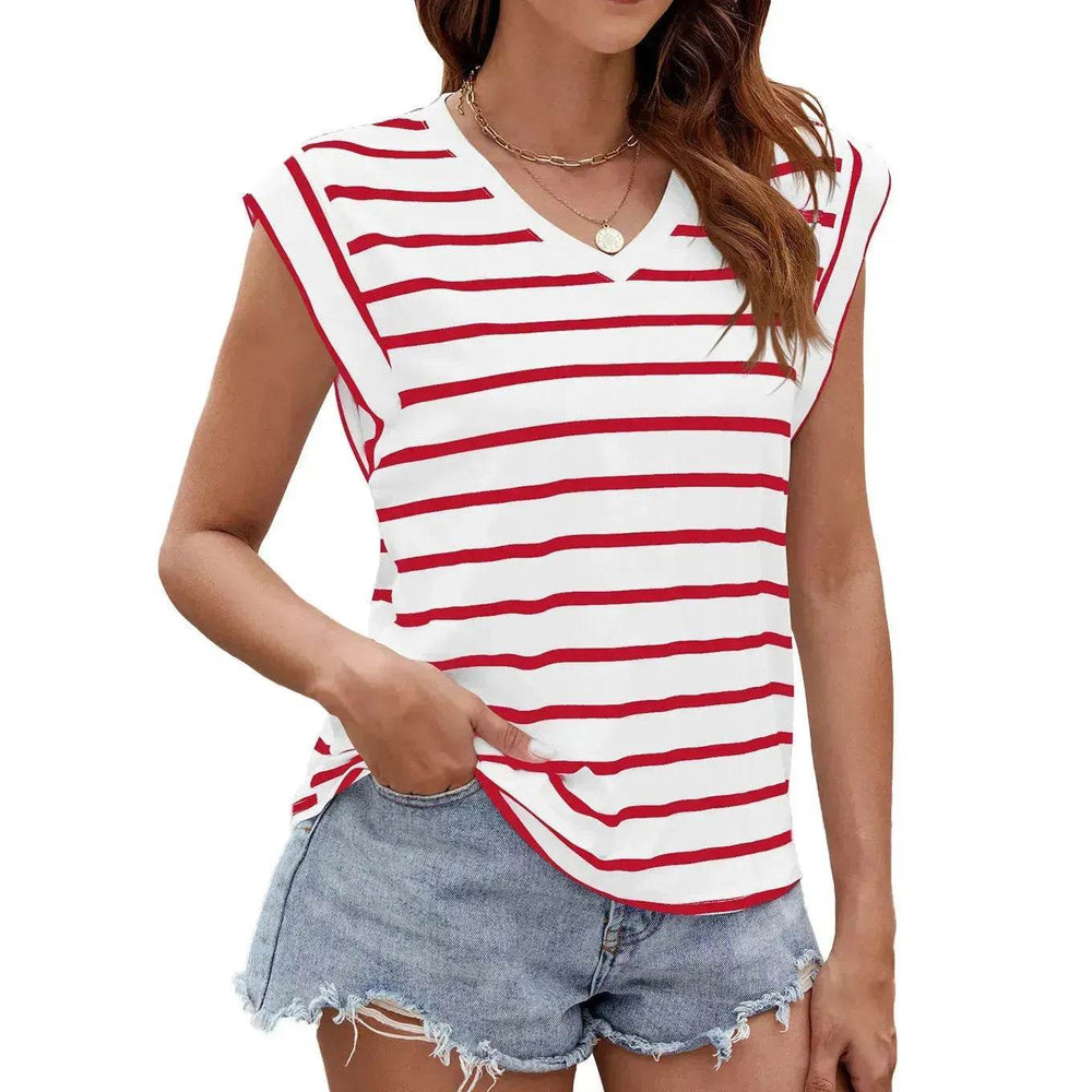 Fashion Stripe Print V-neck Short-sleeved T-Shirt Summer Loose Casual top for Women - EX-STOCK Canada