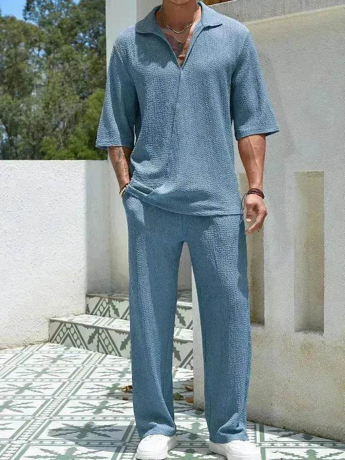 Men's Casual summer 2 piece Pant sets Short sleeved Top and Straight leg pant - EX-STOCK Canada