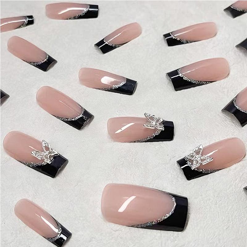 24 PCS Black P Ink Butterfly Nail Art, Long Length Long Water Pipe Fake Nails,Square Head Nail Tips False Nail EX-STOCK Canada