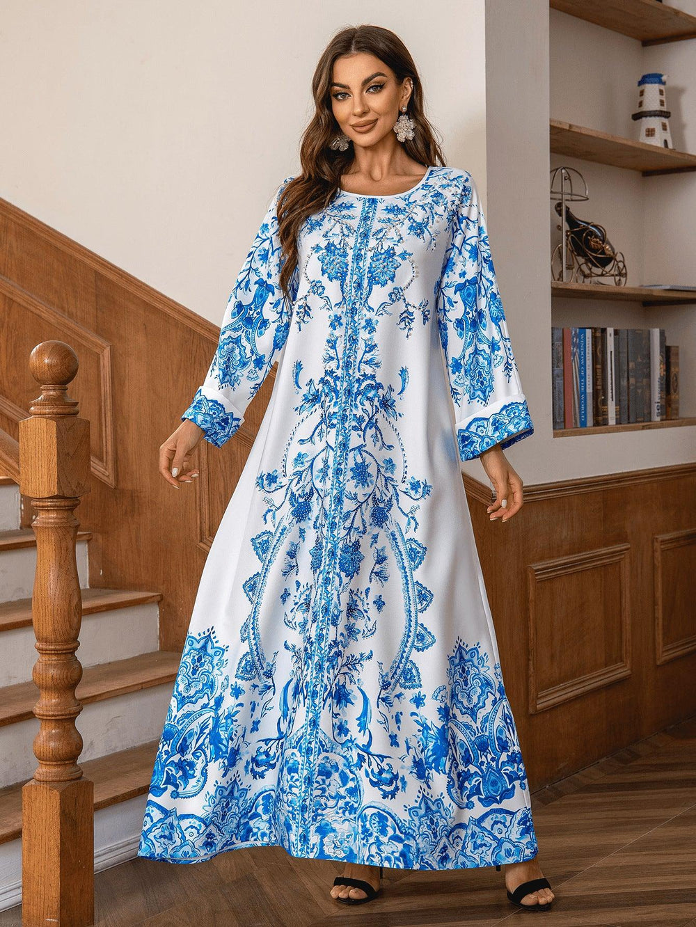 Muslim Robe Diamond Studded Bead Round Neck Dress - EX-STOCK Canada