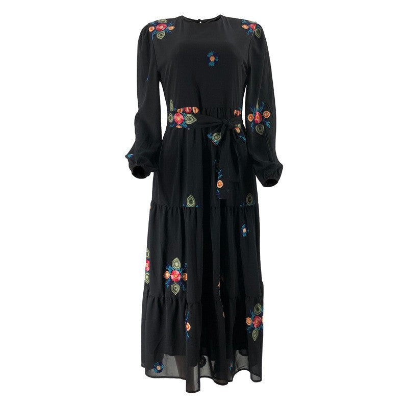 Muslim New Pure Color Embroidery With Belt Fashion Elegant Dress - EX-STOCK Canada