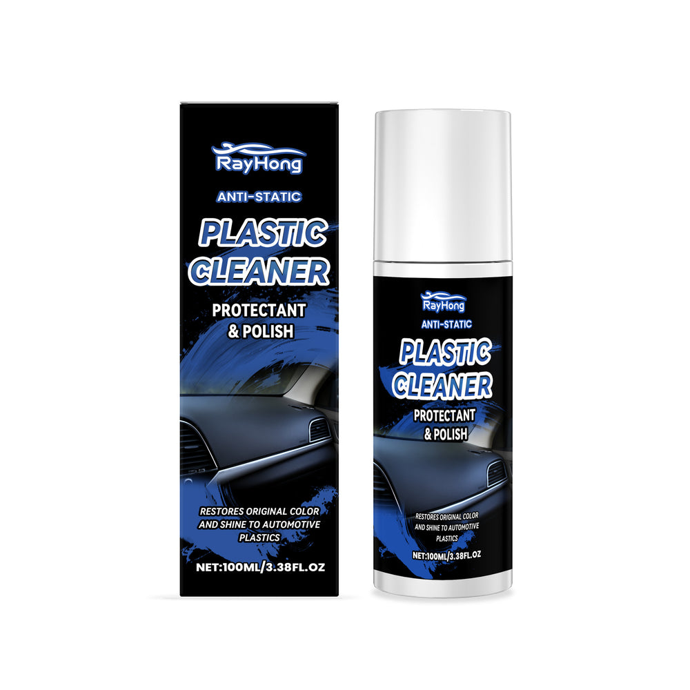 RayHong Anti-Static Plastic Cleaner bottle and its retail box, featuring a black and blue design with a car graphic, on a white background.