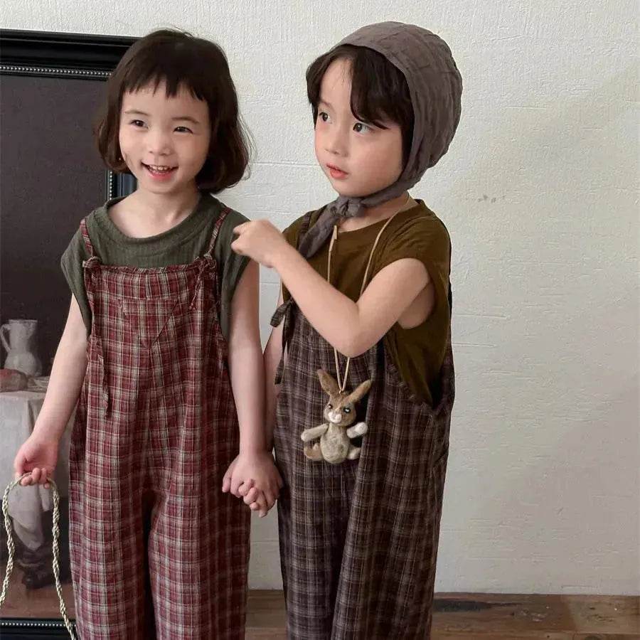 Summer Children's Plaid Overalls boy And girl Baby Unisex Mori Style Retro Jumpsuit Straight-leg Pants - EX-STOCK Canada