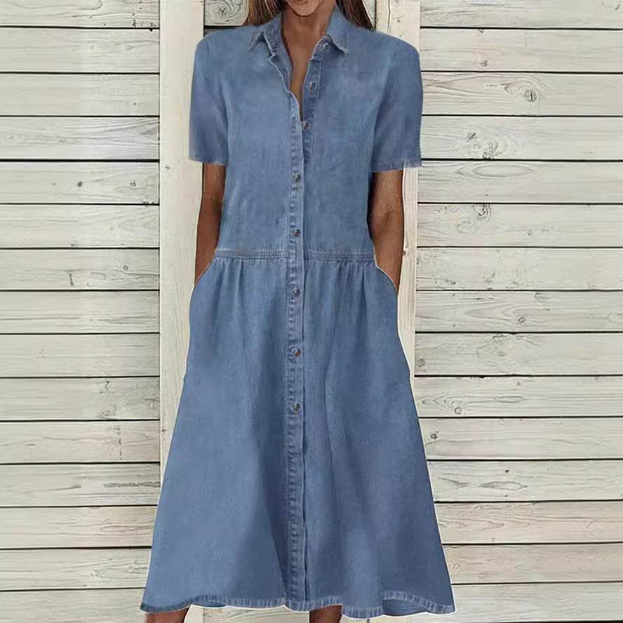 Women's European And American Lapel Casual loose button down Midi Denim jeans Mum Dress - EX-STOCK Canada