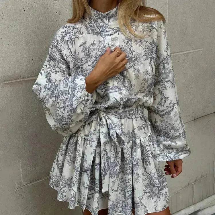 Ink Print Long Sleeve Floral Short Mini Skater Dress With Fashion Puffy Sleeve Lapel Tie A-Line Dress Clothing - EX-STOCK Canada