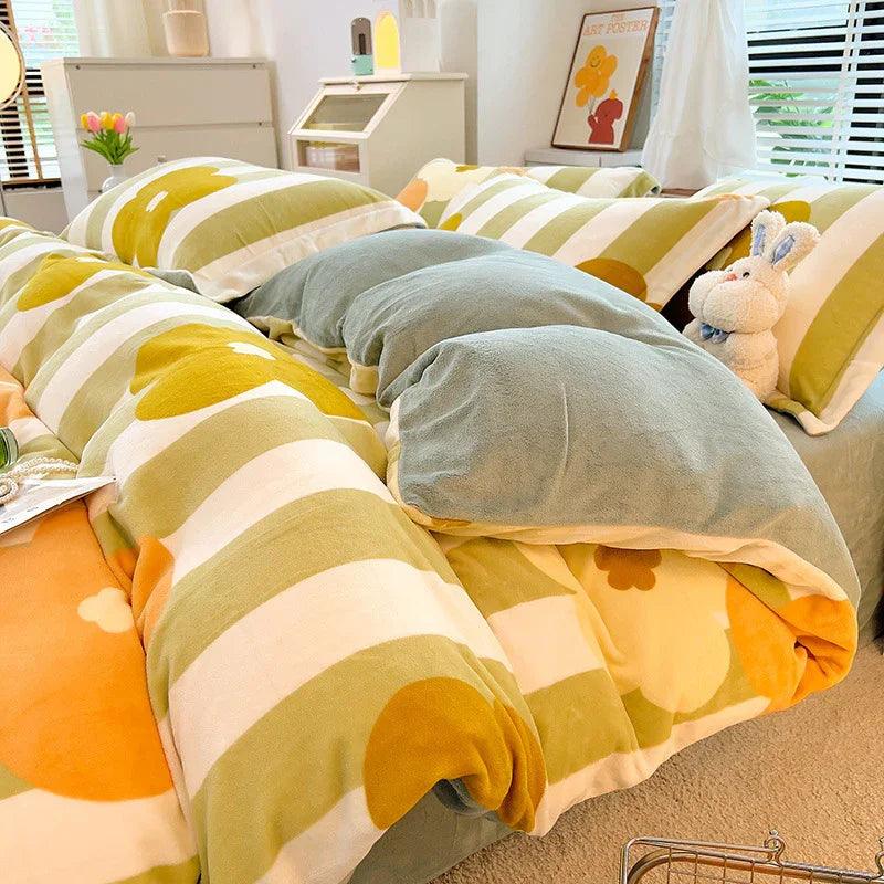 Nordic Striped Coral Fleece Duvet Cover Flannel Sheet Cover Three-piece Set EX-STOCK Canada