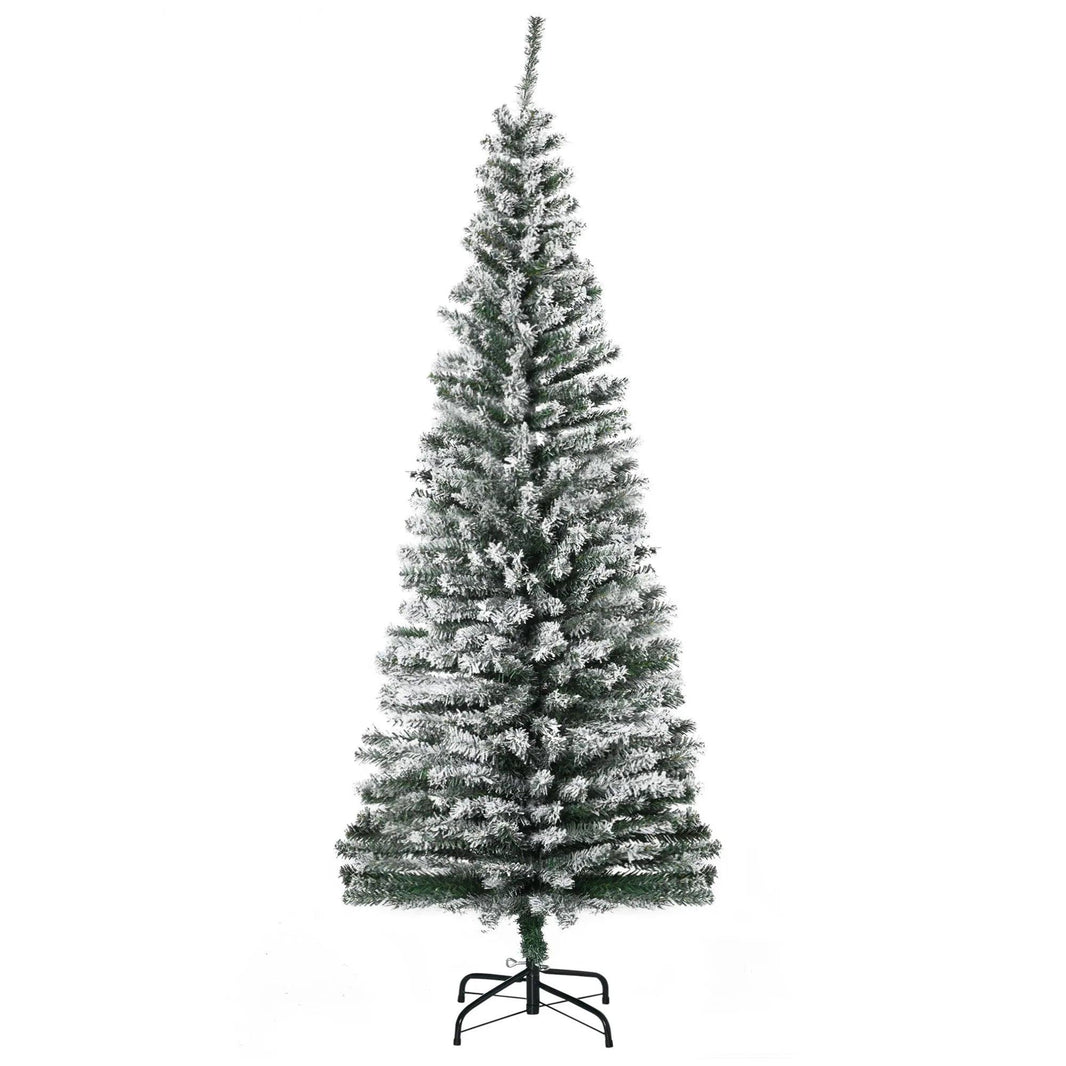 6ft Flocked Christmas Tree, Pencil Christmas Tree With Realistic Branch Tips, Folding Metal Stand, Green EX-STOCK Canada