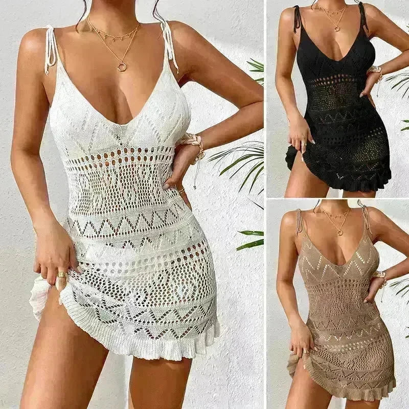 Women's Fashion Suspenders Deep V Knitted Beach Skirt Dress for Chic Ladies - EX-STOCK CANADA