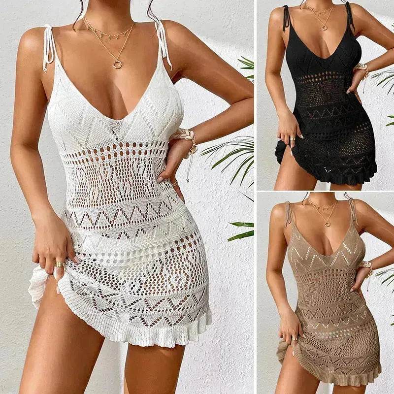 Women's Fashion Suspenders Deep V Knitted Beach Skirt Dress for Chic Ladies - EX-STOCK Canada