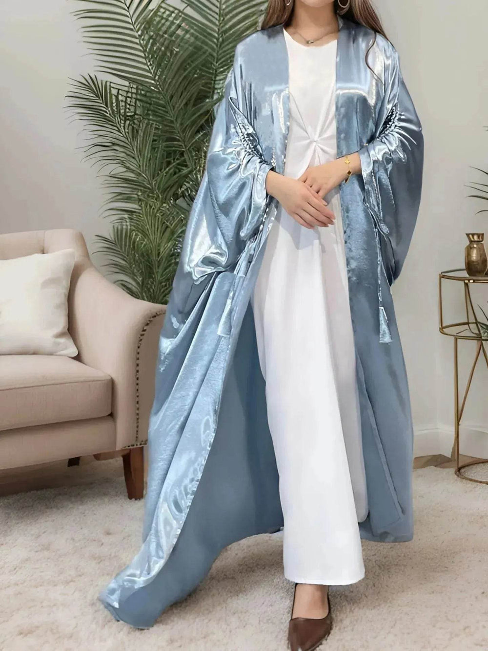 Simple Middle East Turkey Solid Color Plus Size Satin Robe Dubai Abaya Coat Turkey Abaya Kimono - EX-STOCK Canada