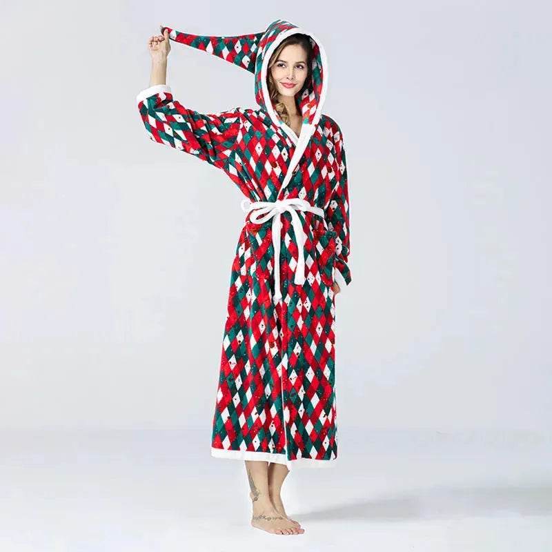 Christmas Sleepwear Women Fleece Hooded Bathrobe Plush Long Robe Winter - EX-STOCK Canada