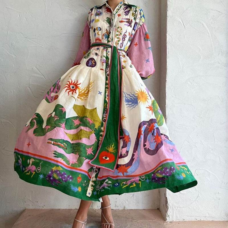 Print Holiday Women Beach Dress With Belts A-Line Long Lantern Sleeve Single Breasted Lapel Seaside Dresses Robe - EX-STOCK Canada