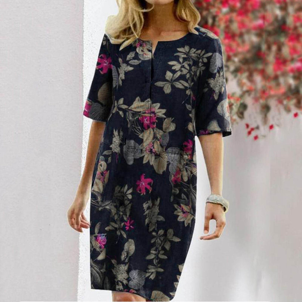 Vintage Dress Women Summer Floral Leaf Print Slit Round Neck Half Sleeve Dresses - EX-STOCK Canada