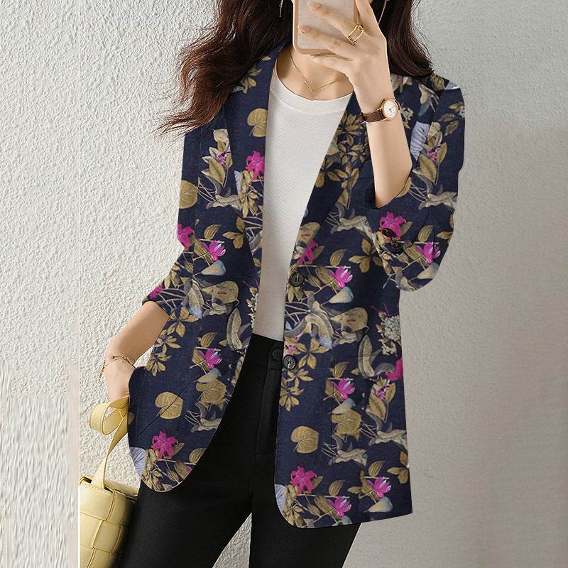 Women's Button Printed Long-sleeved Pocket Vintage Cotton And Linen jacket Blazer - EX-STOCK Canada