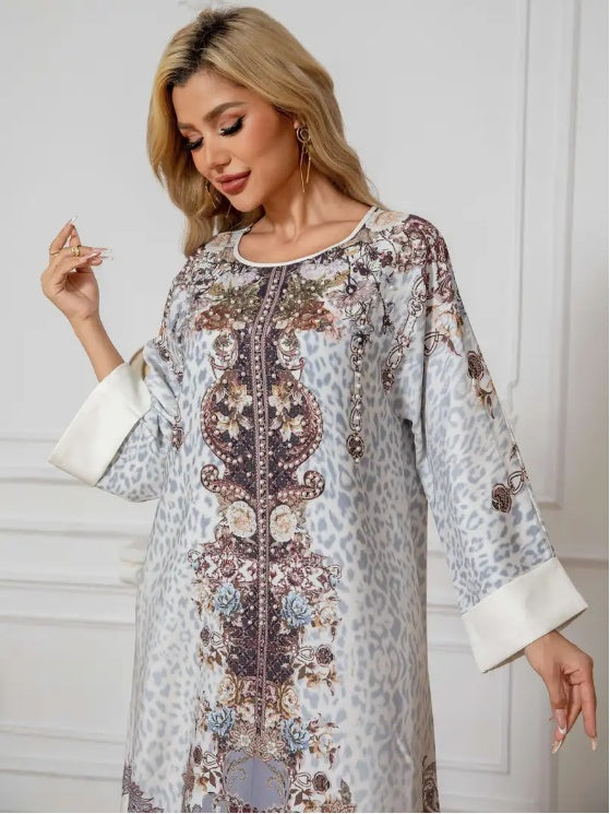 Robe Abaya à Manches Longues avec Imprimé Floral Élégant - EX-STOCK Canada