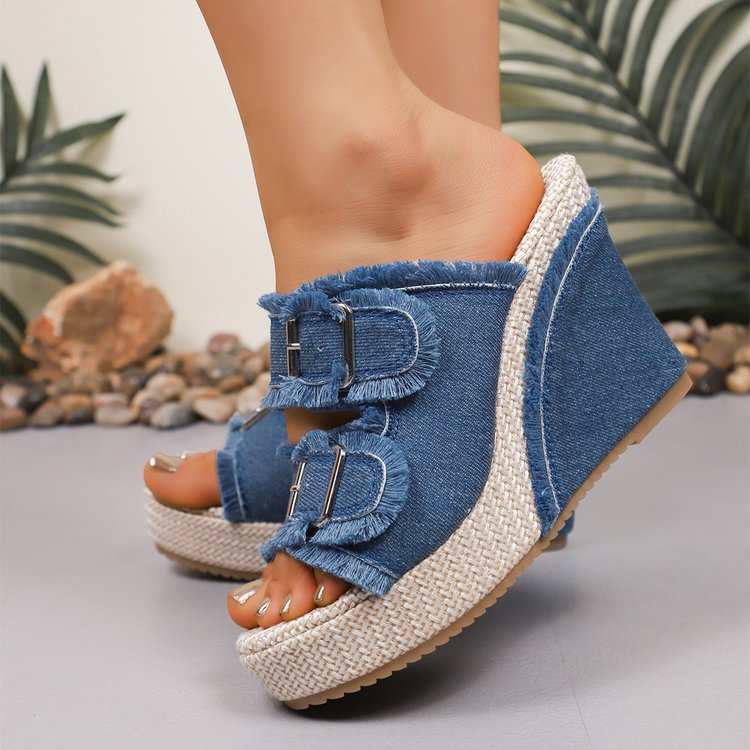 Plus Size Women's New Denim Slip-On Mule Sandals, Block Heel With Buckle Design, Summer Outdoor Casual Slippers