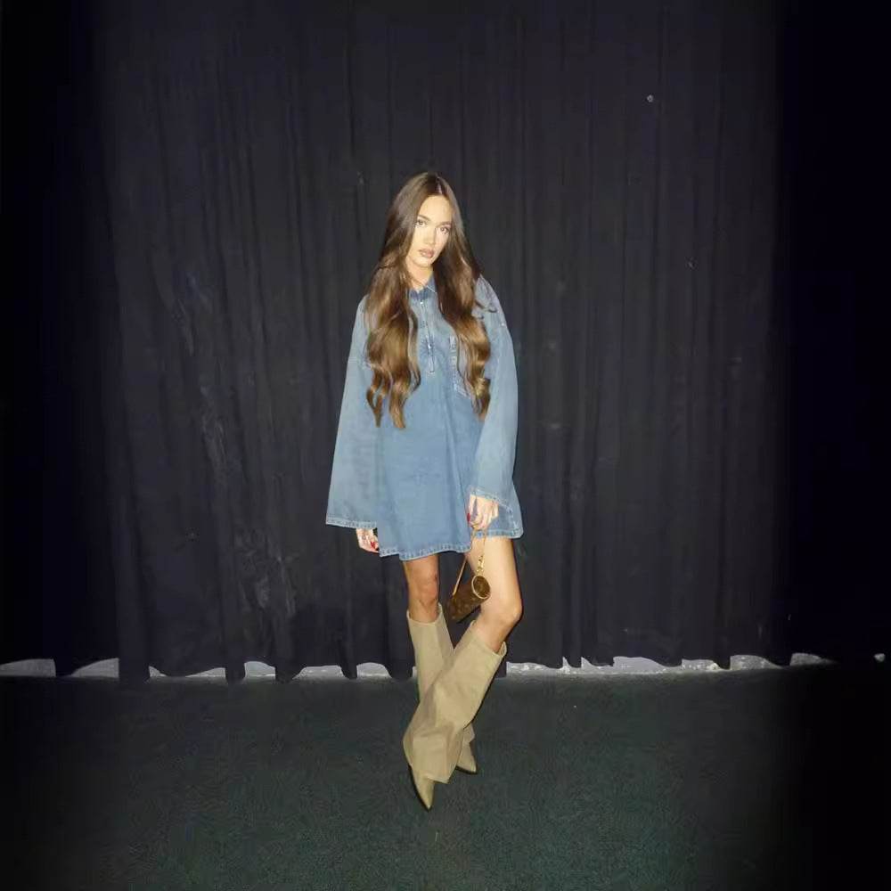 Lapel Patch Pocket Bell Sleeve Denim Dress - EX-STOCK Canada