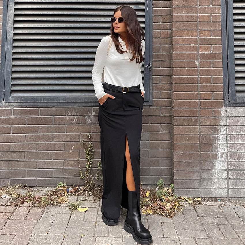 Women's Retro Casual Black High Waist Long front Split Skirt - EX-STOCK Canada