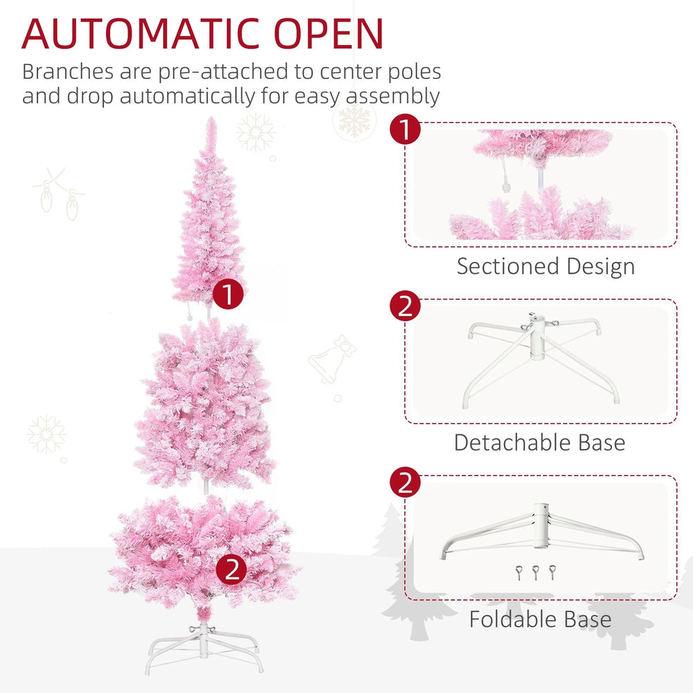 6 Foot Prelit Snow Flocked Artificial Christmas Tree With Pencil Shape, 500 Pine Realistic Branches, Warm White LED Lights, Auto Open, Pink And White EX-STOCK Canada