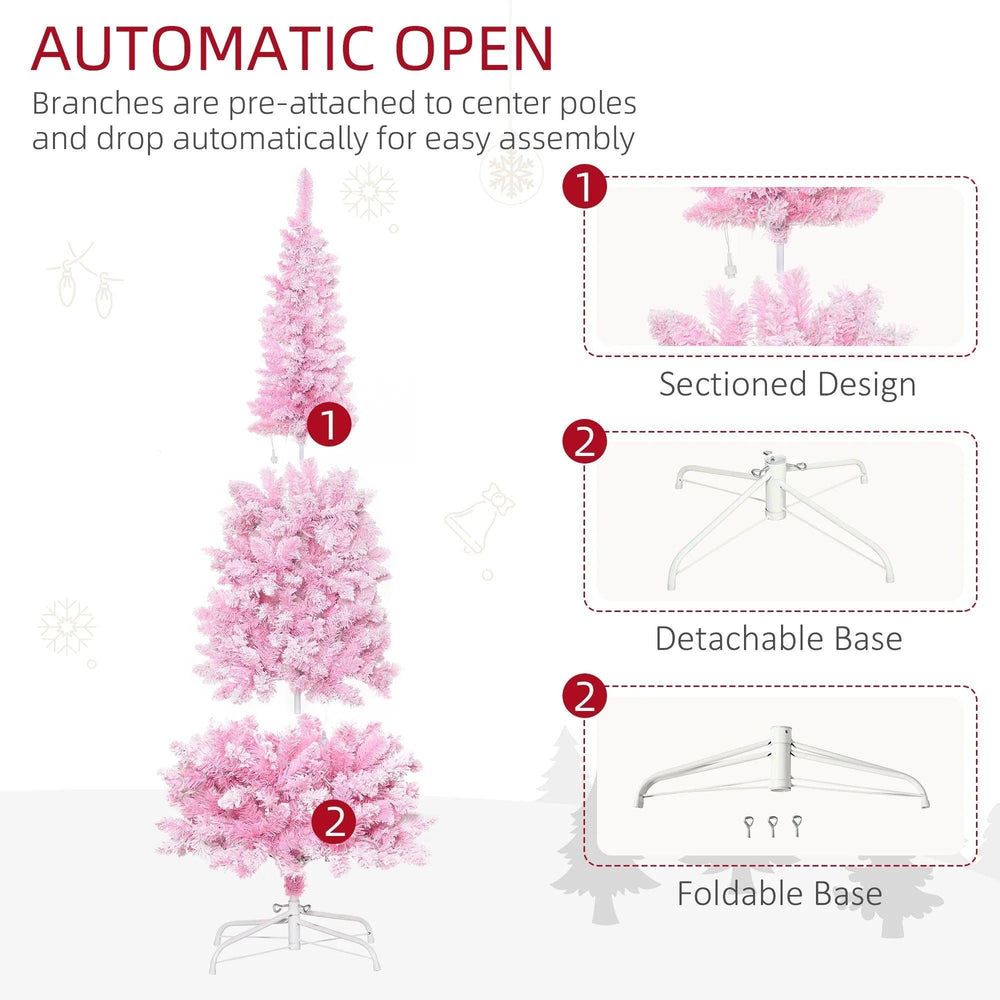 6 Foot Prelit Snow Flocked Artificial Christmas Tree With Pencil Shape, 500 Pine Realistic Branches, Warm White LED Lights, Auto Open, Pink And White EX-STOCK Canada