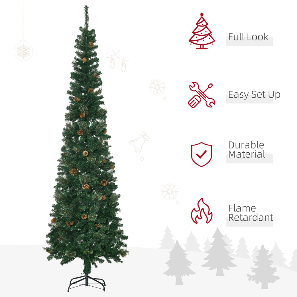 7.5ft Pencil Christmas Tree, Artificial Christmas With Pine Needles, Realistic Branches, Pine Cones, Metal Base, Green EX-STOCK Canada