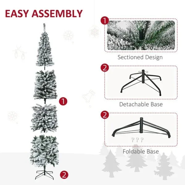 9ft Flocked Christmas Tree, Pencil Christmas Tree With Realistic Branch Tips, Folding Metal Stand, Green EX-STOCK Canada