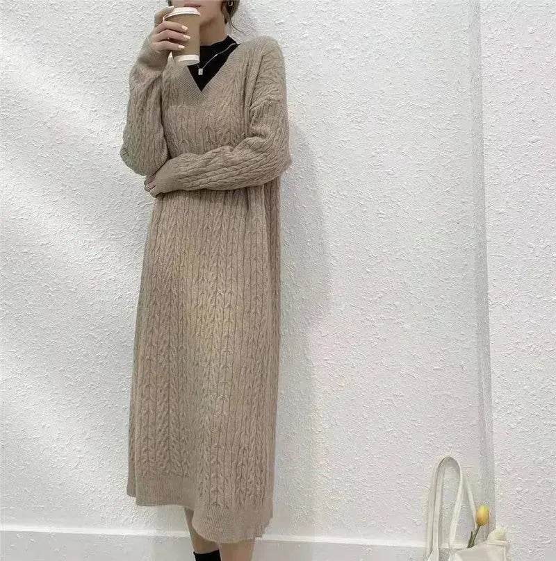 Autumn Winter Knitted V-neck Long Sweater Dress - EX-STOCK Canada