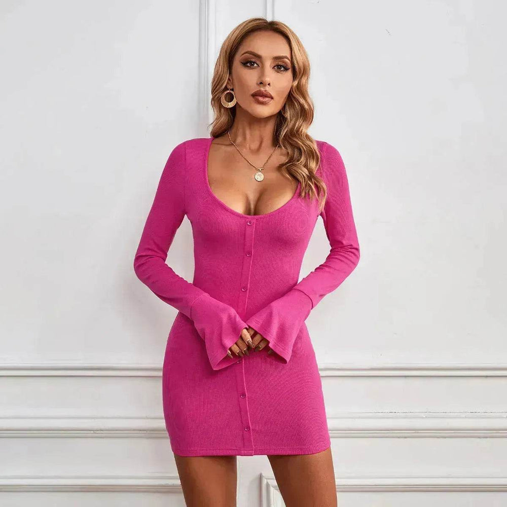 Chic Ladies Bodycon U-neck Long-sleeved Dress Charming Slim Hip-hugging Short Mini Dresses for Women - EX-STOCK Canada