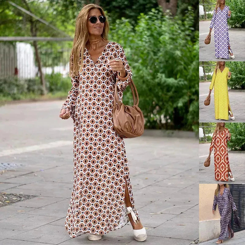Summer Geometric Printed V-neck Long Dress Fashion Long Sleeve Slit Dresses For Women - EX-STOCK CANADA