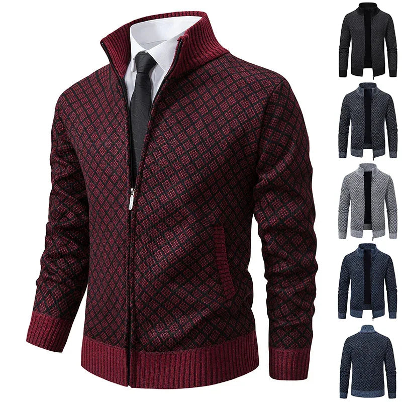 Thickened Plaid Print Jacket Cardigan Fashion Slim Fit Zipper Stand Collar Sweater Winter Men's Casual Long Sleeve Knitted Top Clothing EX-STOCK Canada