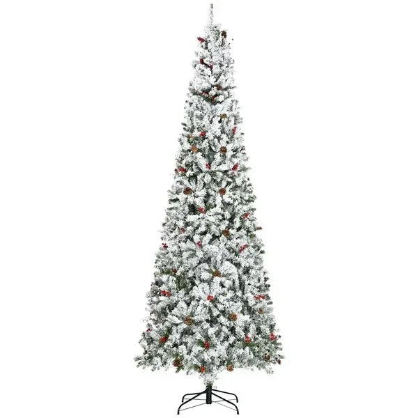 9-foot Pencil Snow Flocked Artificial Christmas Tree With 1350 Pine Realistic Branches, Pine Cones, Red Berries, Auto Open, Green EX-STOCK Canada