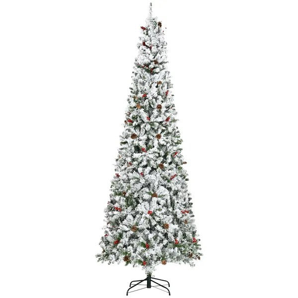 9-foot Pencil Snow Flocked Artificial Christmas Tree With 1350 Pine Realistic Branches, Pine Cones, Red Berries, Auto Open, Green EX-STOCK Canada